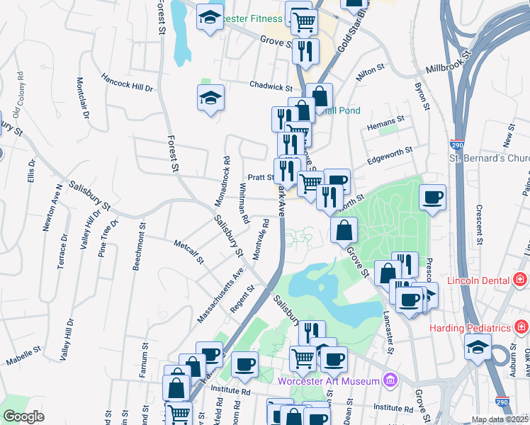 map of restaurants, bars, coffee shops, grocery stores, and more near 13A Montvale Road in Worcester