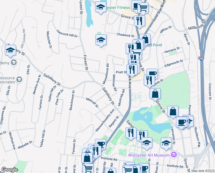 map of restaurants, bars, coffee shops, grocery stores, and more near 251 Salisbury Street in Worcester