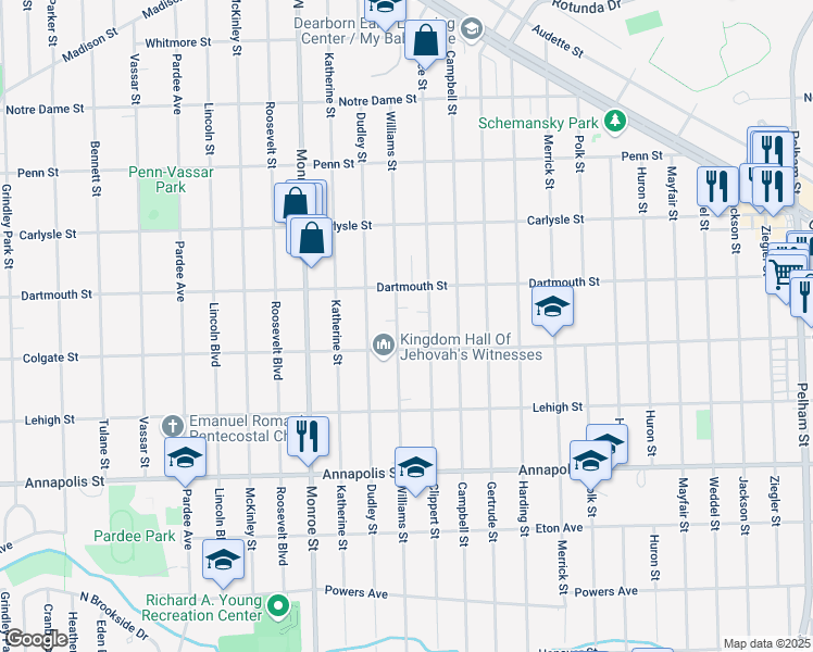 map of restaurants, bars, coffee shops, grocery stores, and more near 4033 Williams Street in Dearborn Heights