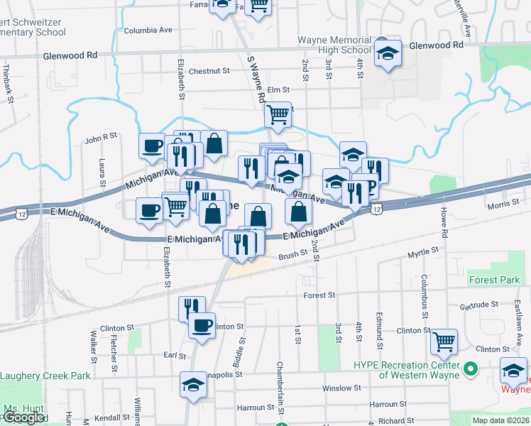 map of restaurants, bars, coffee shops, grocery stores, and more near 3773 South Wayne Road in Wayne