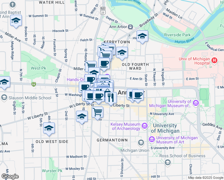 map of restaurants, bars, coffee shops, grocery stores, and more near 217 East Washington Street in Ann Arbor