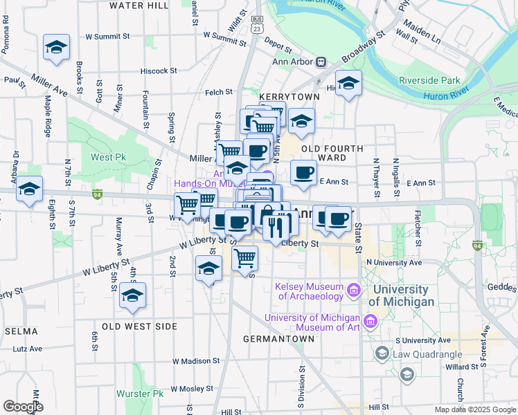 map of restaurants, bars, coffee shops, grocery stores, and more near 217 East Washington Street in Ann Arbor