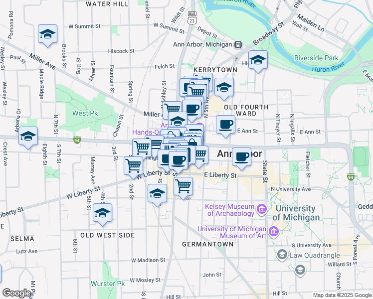 map of restaurants, bars, coffee shops, grocery stores, and more near 106 East Washington Street in Ann Arbor