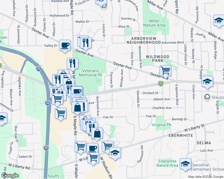 map of restaurants, bars, coffee shops, grocery stores, and more near 2101 Jackson Avenue in Ann Arbor