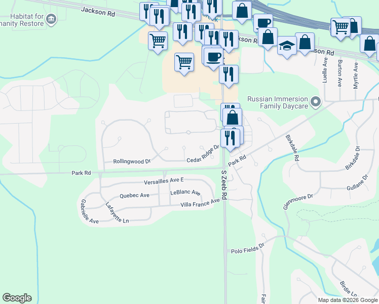 map of restaurants, bars, coffee shops, grocery stores, and more near 5649 Cedar Ridge Drive in Ann Arbor