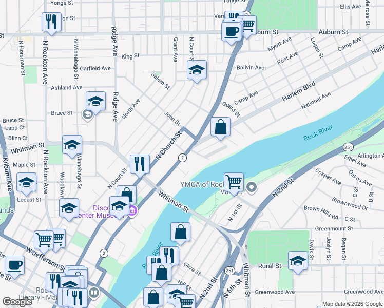 map of restaurants, bars, coffee shops, grocery stores, and more near 975 North Main Street in Rockford