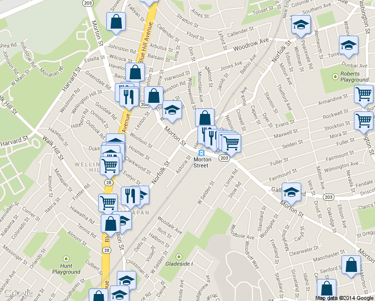map of restaurants, bars, coffee shops, grocery stores, and more near 841 Morton Street in Boston