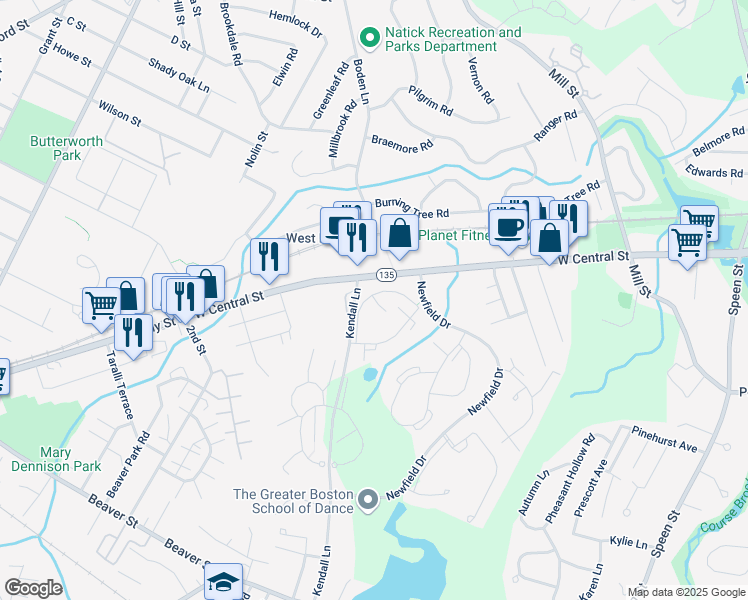 map of restaurants, bars, coffee shops, grocery stores, and more near 10 Village Green Lane in Natick