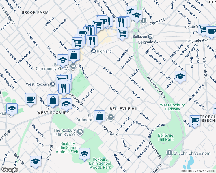 map of restaurants, bars, coffee shops, grocery stores, and more near 51 Wren Street in Boston