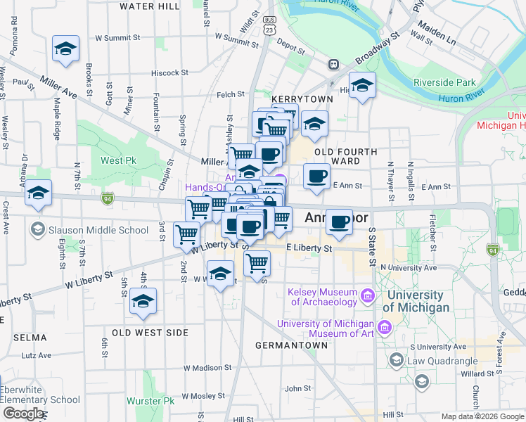map of restaurants, bars, coffee shops, grocery stores, and more near 100 South 4th Avenue in Ann Arbor