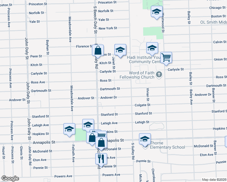map of restaurants, bars, coffee shops, grocery stores, and more near 25606 Andover Drive in Dearborn Heights