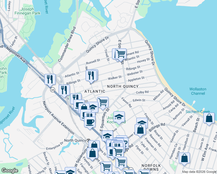map of restaurants, bars, coffee shops, grocery stores, and more near 45 Botolph Street in Quincy