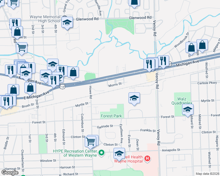 map of restaurants, bars, coffee shops, grocery stores, and more near 3825 Howe Road in Wayne