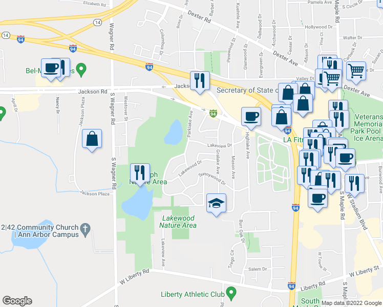 map of restaurants, bars, coffee shops, grocery stores, and more near 3140 Lakewood Drive in Ann Arbor