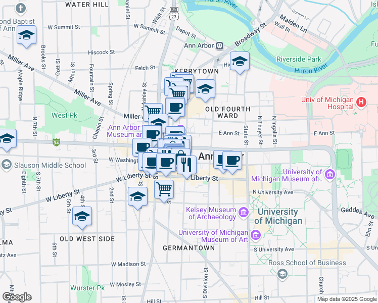 map of restaurants, bars, coffee shops, grocery stores, and more near 300 East Huron Street in Ann Arbor