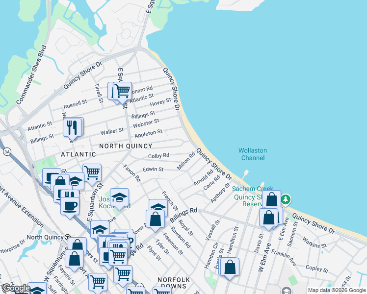 map of restaurants, bars, coffee shops, grocery stores, and more near 101 South Bayfield Road in Quincy