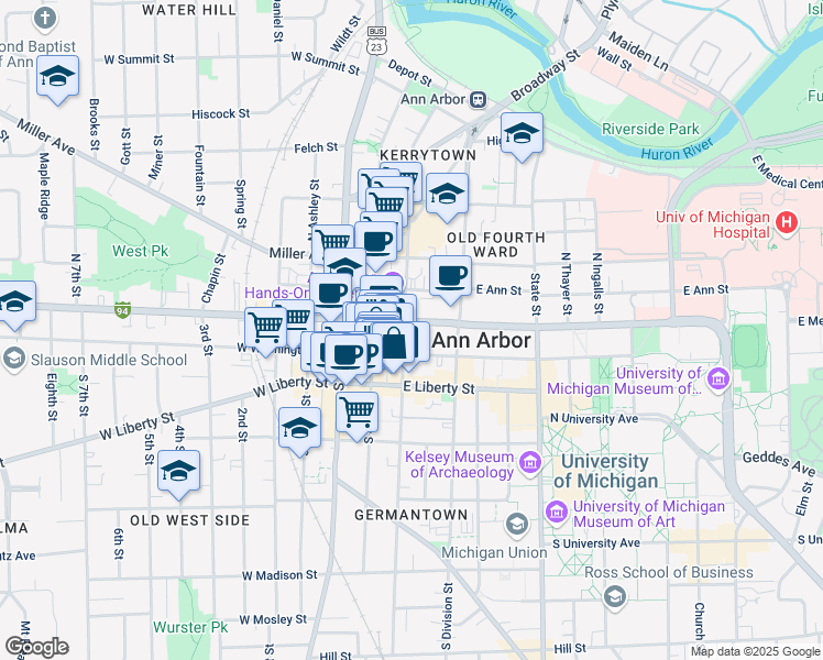 map of restaurants, bars, coffee shops, grocery stores, and more near 300 East Huron Street in Ann Arbor
