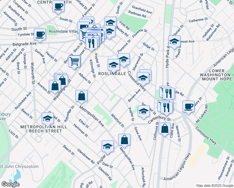map of restaurants, bars, coffee shops, grocery stores, and more near 242 Poplar Street in Boston
