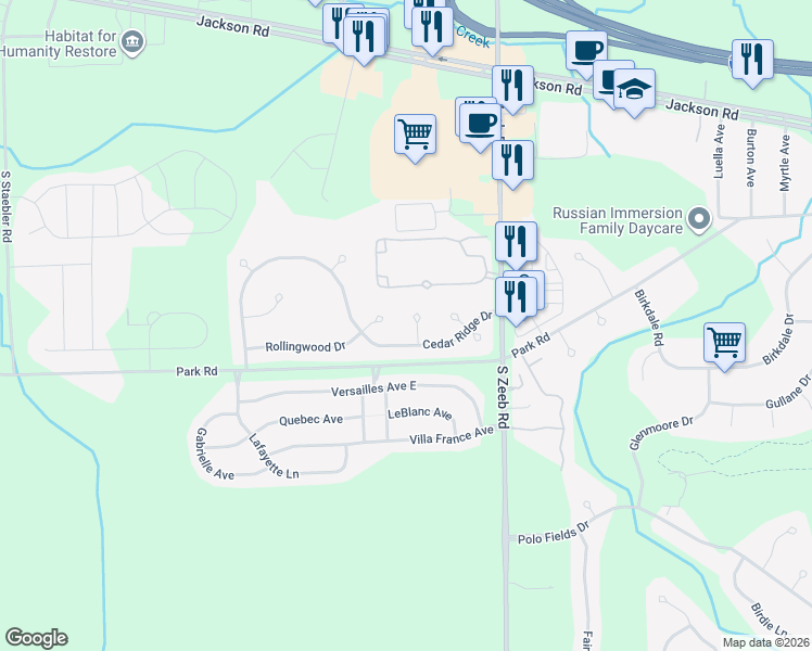 map of restaurants, bars, coffee shops, grocery stores, and more near 5745 Cedar Ridge Drive in Ann Arbor