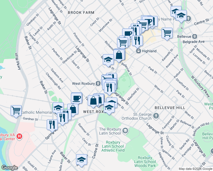 map of restaurants, bars, coffee shops, grocery stores, and more near 425 Lagrange Street in Boston