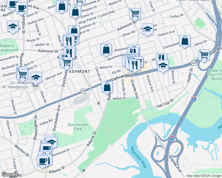 map of restaurants, bars, coffee shops, grocery stores, and more near 884 Adams Street in Boston