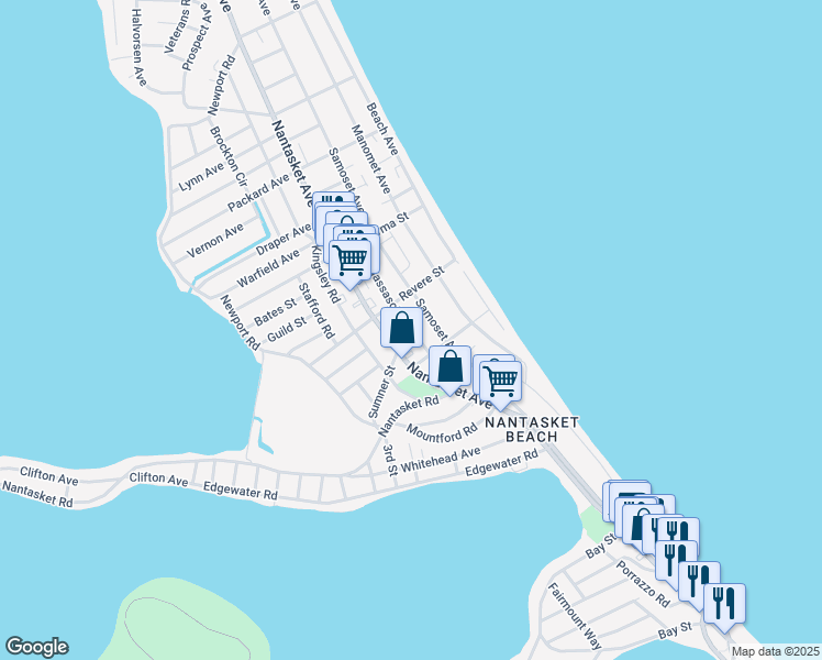 map of restaurants, bars, coffee shops, grocery stores, and more near 5a Massasoit Avenue in Hull