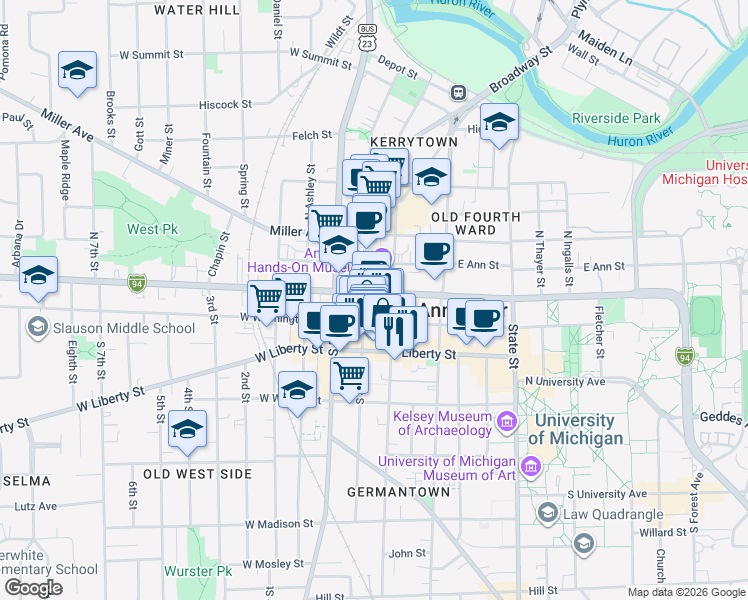 map of restaurants, bars, coffee shops, grocery stores, and more near 217 East Washington Street in Ann Arbor