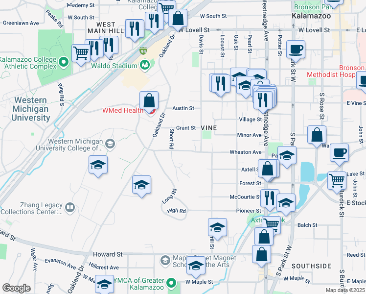 map of restaurants, bars, coffee shops, grocery stores, and more near 1111 Short Road in Kalamazoo