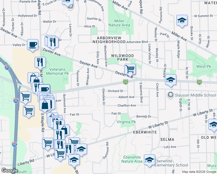 map of restaurants, bars, coffee shops, grocery stores, and more near 1809 Jackson Avenue in Ann Arbor