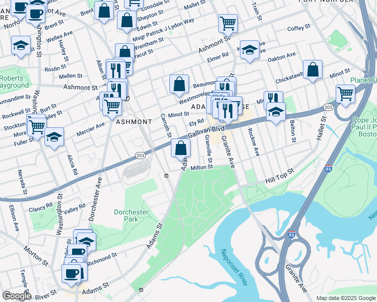 map of restaurants, bars, coffee shops, grocery stores, and more near 884 Adams Street in Boston