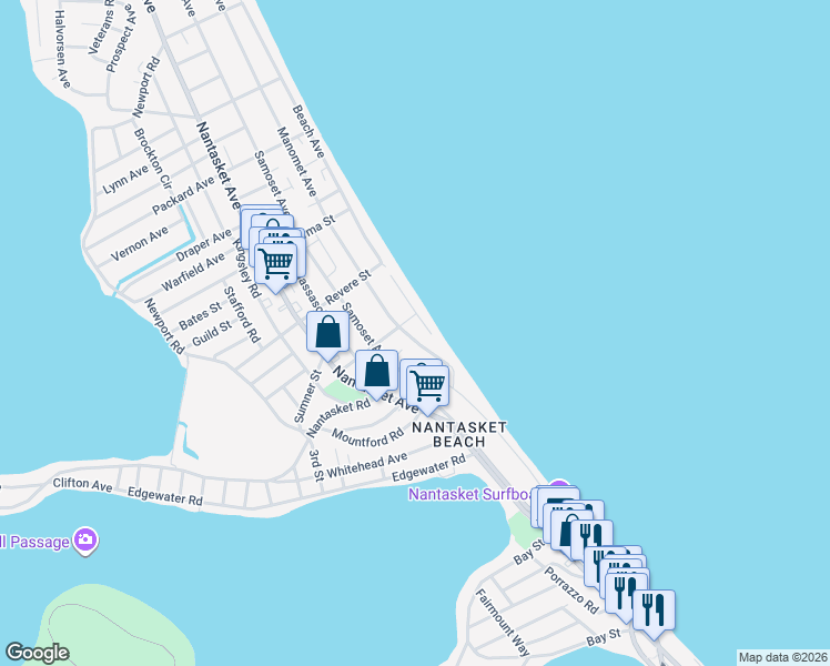 map of restaurants, bars, coffee shops, grocery stores, and more near 13 Manomet Avenue in Hull