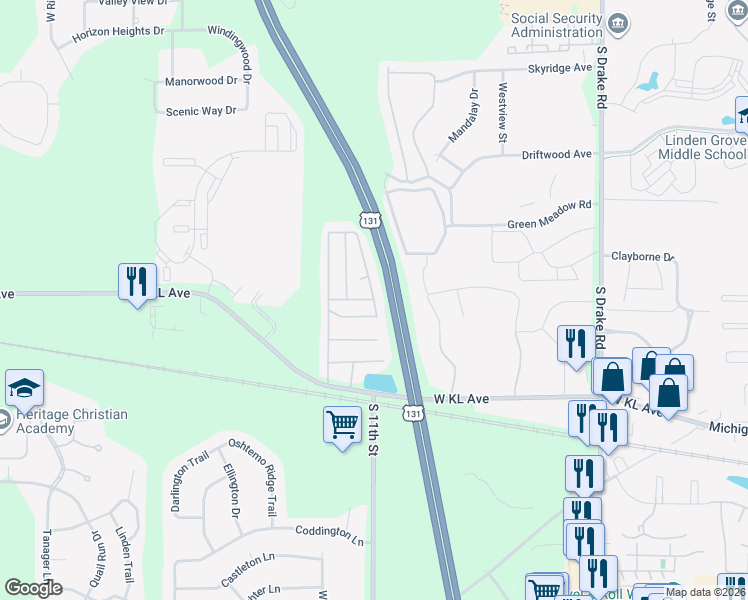 map of restaurants, bars, coffee shops, grocery stores, and more near 1199 Colonial Trail in Kalamazoo