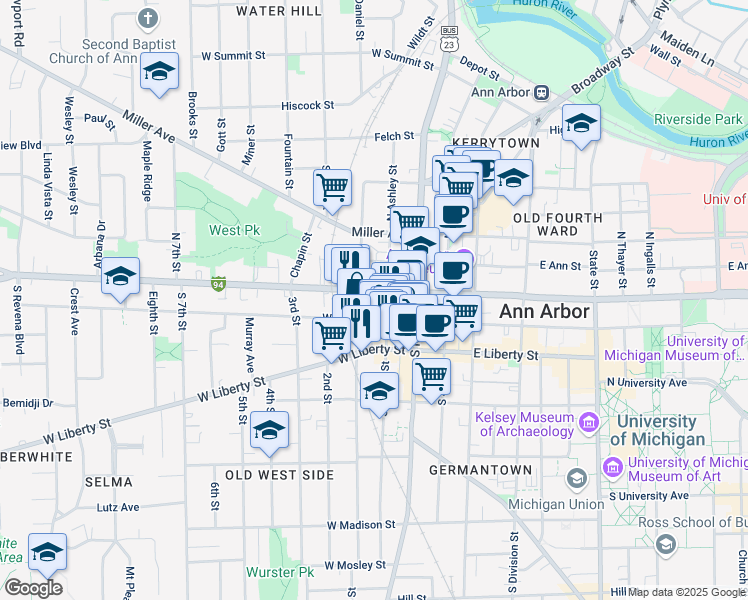 map of restaurants, bars, coffee shops, grocery stores, and more near 201 West Huron Street in Ann Arbor