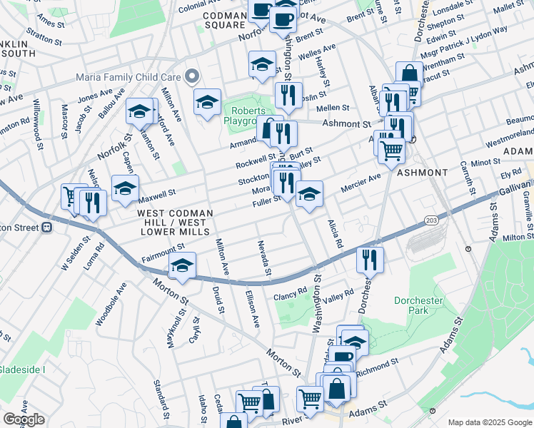 map of restaurants, bars, coffee shops, grocery stores, and more near 35 Nevada Street in Boston