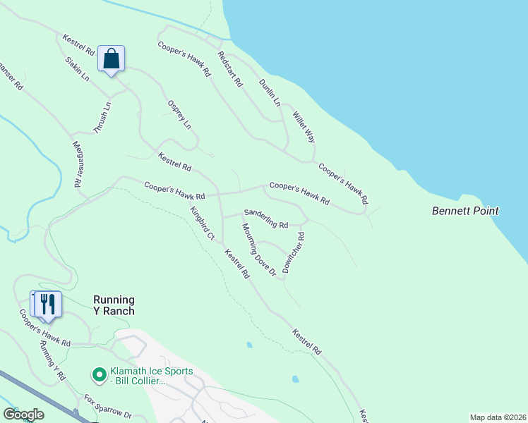 map of restaurants, bars, coffee shops, grocery stores, and more near 10247 Mourning Dove Drive in Klamath Falls