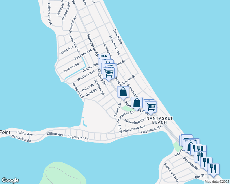 map of restaurants, bars, coffee shops, grocery stores, and more near 443 Nantasket Avenue in Hull