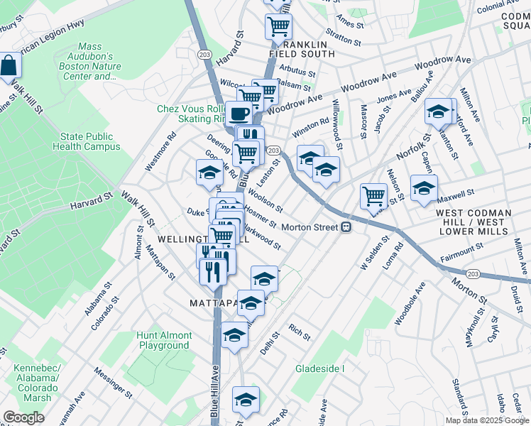 map of restaurants, bars, coffee shops, grocery stores, and more near 32 Clarkwood Street in Boston