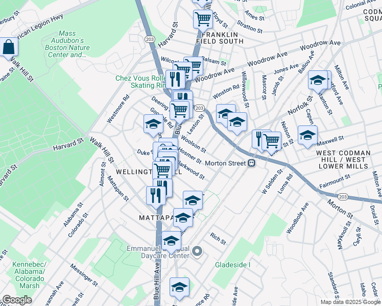 map of restaurants, bars, coffee shops, grocery stores, and more near 32 Clarkwood Street in Boston