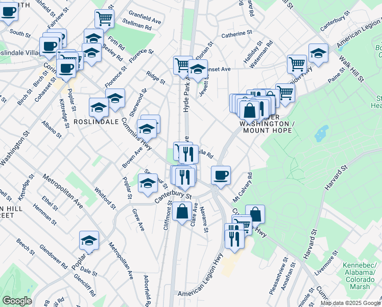 map of restaurants, bars, coffee shops, grocery stores, and more near 22 Harding Road in Boston