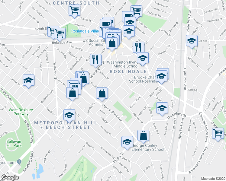 map of restaurants, bars, coffee shops, grocery stores, and more near 38 Whitford Street in Boston