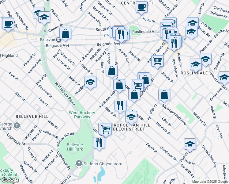 map of restaurants, bars, coffee shops, grocery stores, and more near 5 Leniston Street in Boston