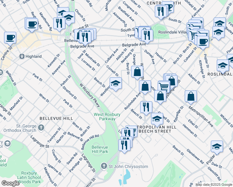 map of restaurants, bars, coffee shops, grocery stores, and more near 243 Beech Street in Boston