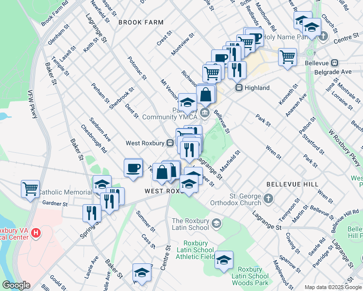map of restaurants, bars, coffee shops, grocery stores, and more near 408 Lagrange Street in Boston