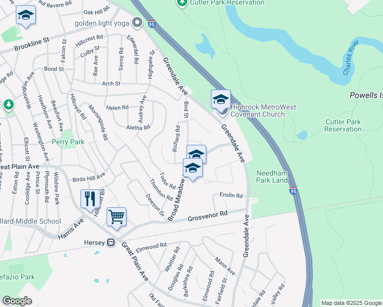 map of restaurants, bars, coffee shops, grocery stores, and more near 131 Bird Street in Needham