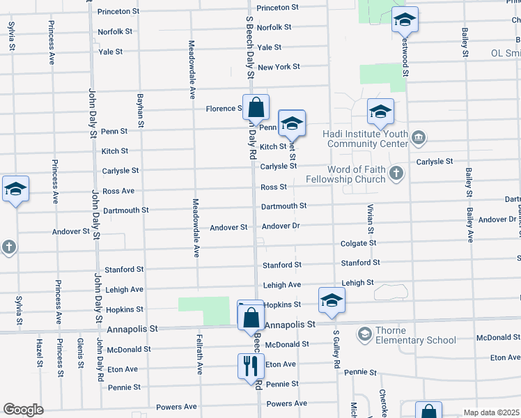 map of restaurants, bars, coffee shops, grocery stores, and more near 25720 Andover Drive in Dearborn Heights