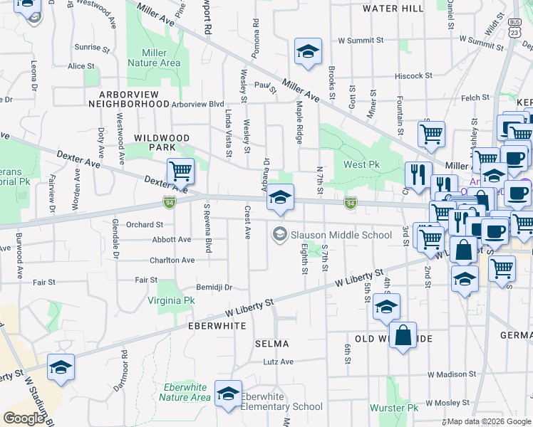 map of restaurants, bars, coffee shops, grocery stores, and more near 1109 West Washington Street in Ann Arbor