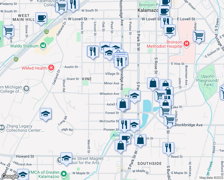 map of restaurants, bars, coffee shops, grocery stores, and more near 617 Wheaton Avenue in Kalamazoo