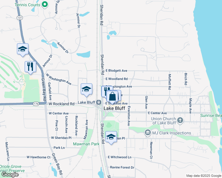 map of restaurants, bars, coffee shops, grocery stores, and more near 33 East North Avenue in Lake Bluff