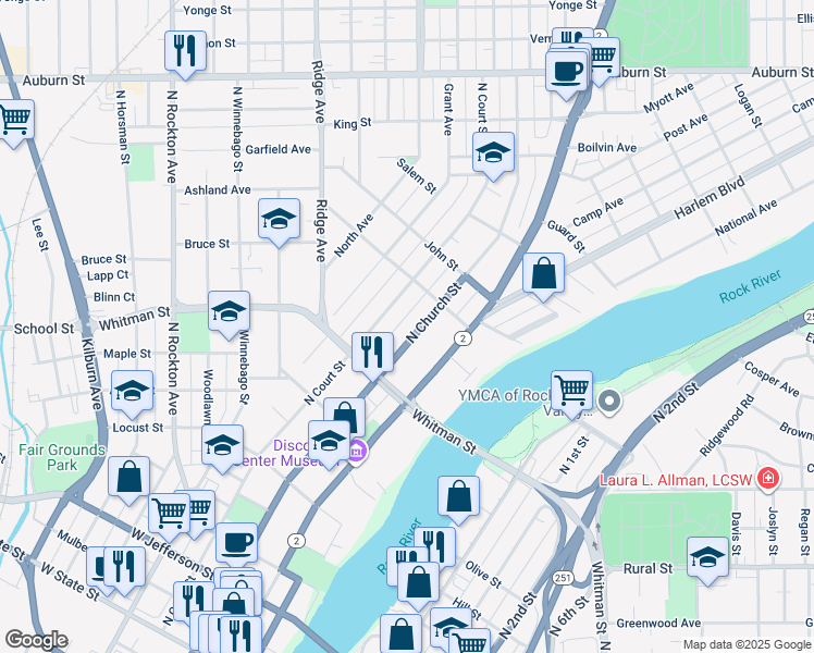 map of restaurants, bars, coffee shops, grocery stores, and more near 922 North Church Street in Rockford