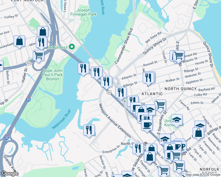 map of restaurants, bars, coffee shops, grocery stores, and more near 100 Hancock Street in Quincy